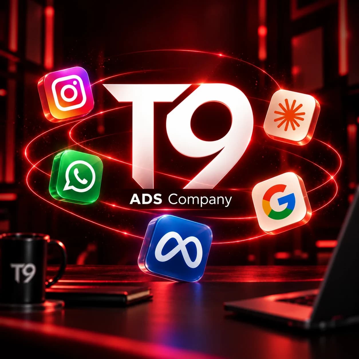 T9 ADS Company logo with Instagram, WhatsApp, Meta, Google and AI icons orbiting around it